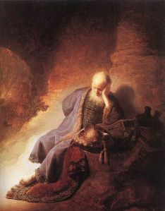 Jeremiah lamenting the destruction of Jerusalem. Rembrandt (1630)